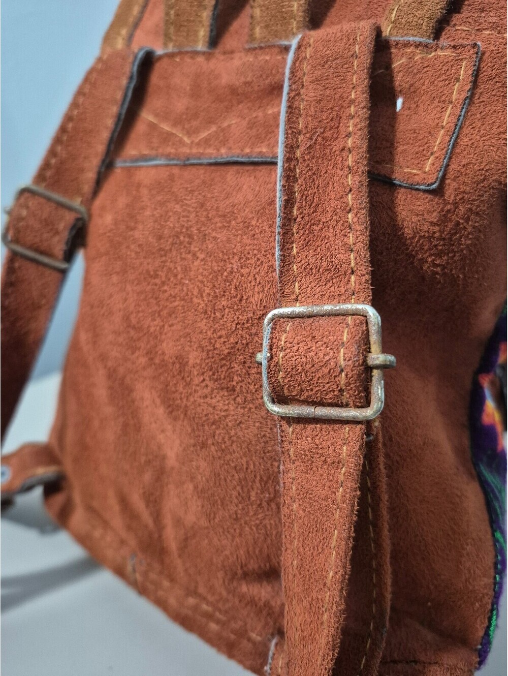 Vintage Boho Embroidered Floral Suede Leather Mini Backpack Handmade Artisan - Picture 6 of 8